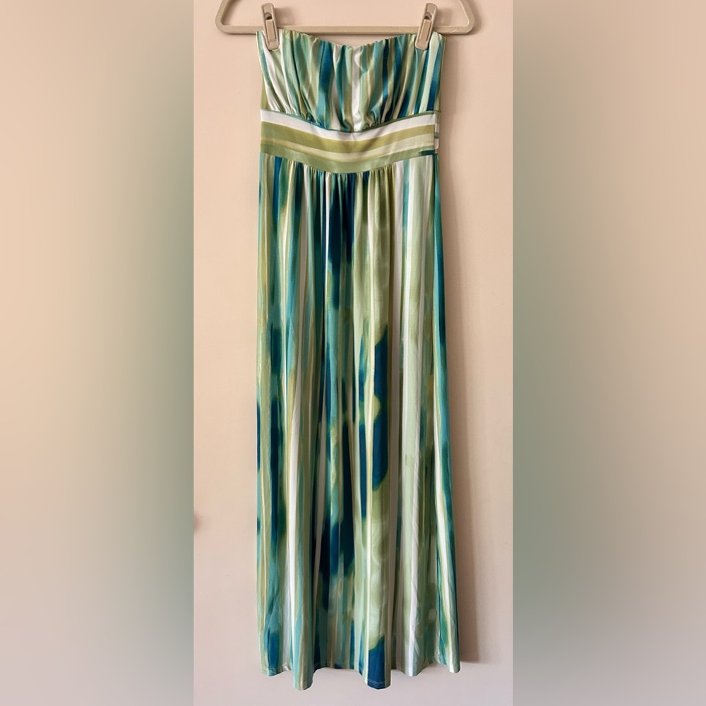 Soma Women’s Watercolor Green & Teal Pleated Maxi Dess